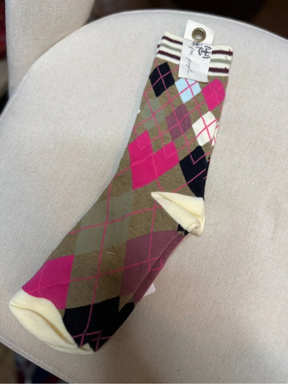 Free People Argyle Crew Socks in Pink, Olive & Cream NWT